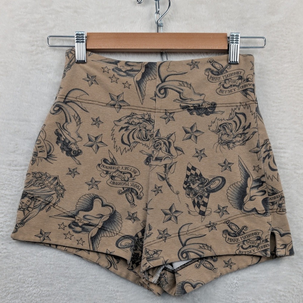 VTG Betsey Johnson Shorts Women's M Tan Mark Mahoney Tattoo Flash Rockabilly 90s - Picture 2 of 10